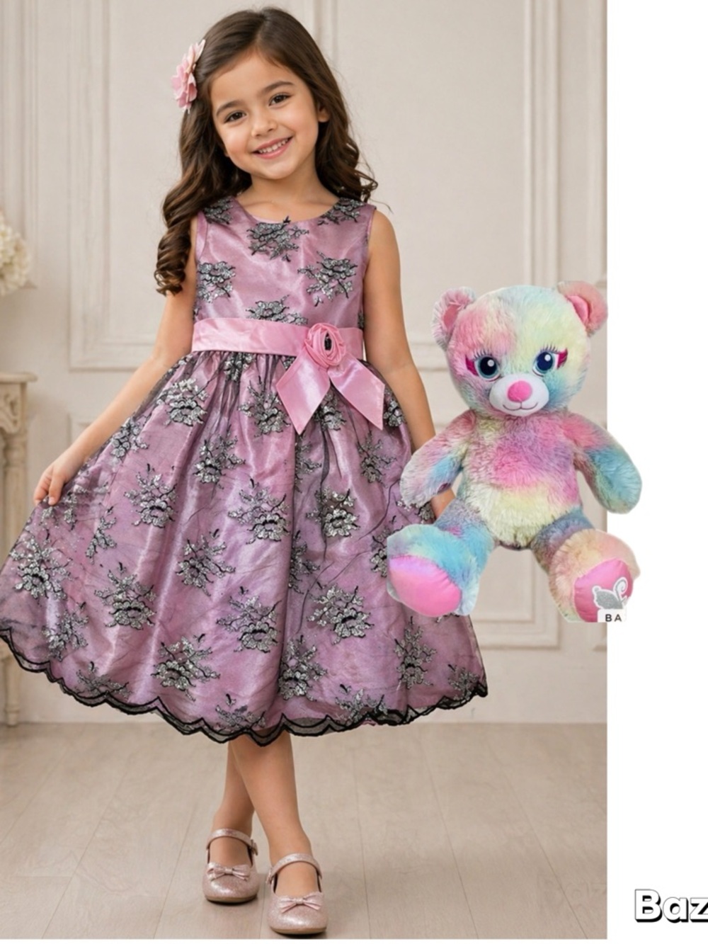 2pc Sz 8 pink Satin w/black & silver lace Overlay dress W/ fairy build a Bear